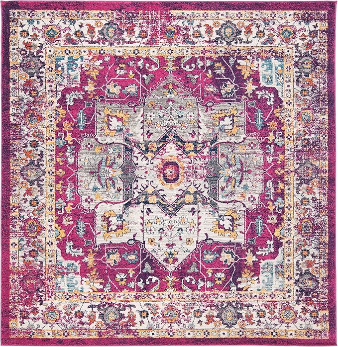 SAFAVIEH Evoke Collection Area Rug - 6'7" Square, Fuchsia & Ivory, Oriental Medallion Distressed Design, Non-Shedding & Easy Care, Ideal for High Traffic Areas in Living Room, Bedroom (EVK275R)