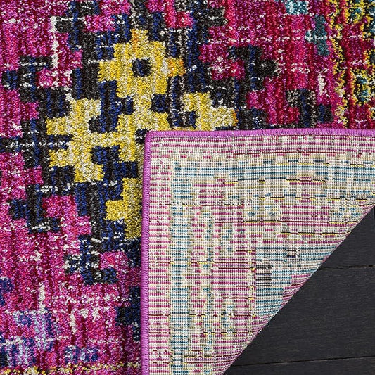 SAFAVIEH Monaco Collection Area Rug - 6'7" Square, Fuchsia & Multi, Boho Diamond Trellis Design, Non-Shedding & Easy Care, Ideal for High Traffic Areas in Living Room, Bedroom (MNC244D)