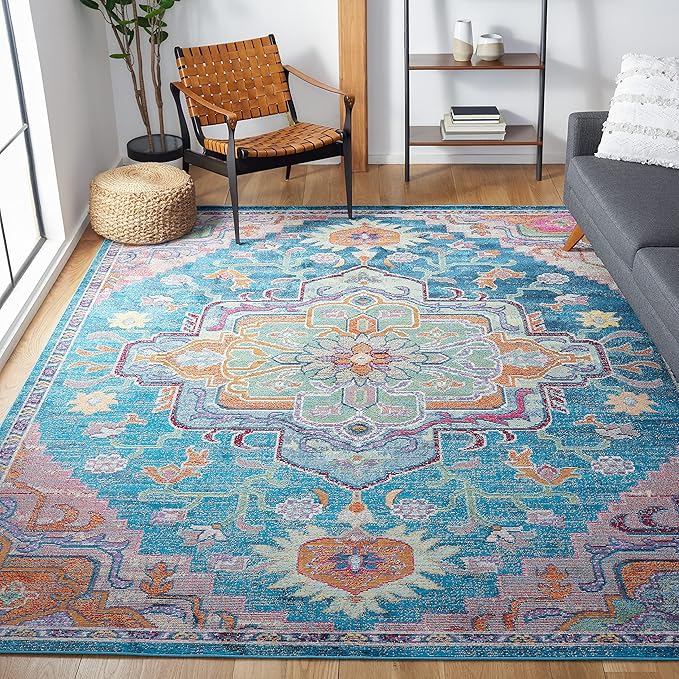SAFAVIEH Crystal Collection X-Large Area Rug - 11' x 16', Teal & Rose, Medallion Distressed Design, Non-Shedding & Easy Care, Ideal for High Traffic Areas in Living Room, Bedroom (CRS501T)