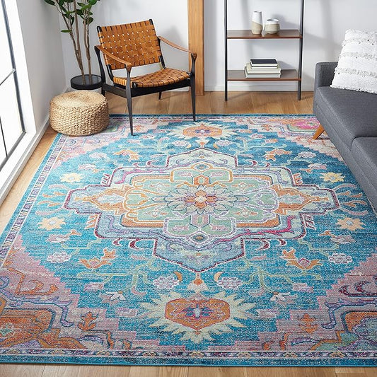 SAFAVIEH Crystal Collection X-Large Area Rug - 11' x 16', Teal & Rose, Medallion Distressed Design, Non-Shedding & Easy Care, Ideal for High Traffic Areas in Living Room, Bedroom (CRS501T)
