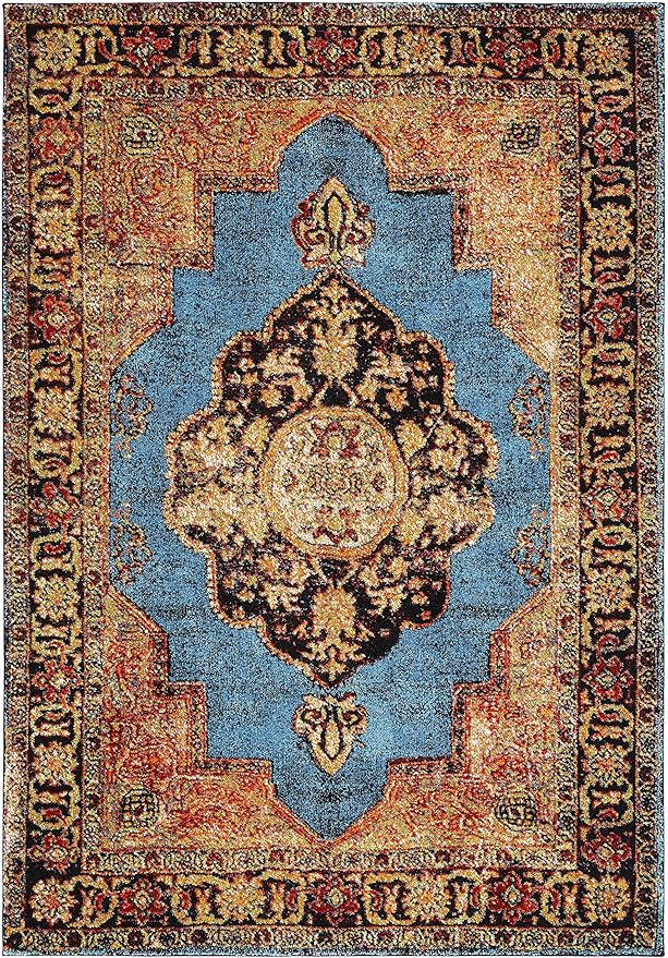 SAFAVIEH Vintage Hamadan Collection Area Rug - 5'3" x 7'6", Gold & Light Blue, Traditional Oriental Design, Non-Shedding & Easy Care, Ideal for High Traffic Areas in Living Room, Bedroom (VTH219D)