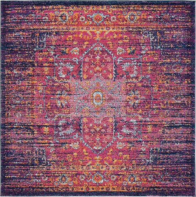 SAFAVIEH Evoke Collection Area Rug - 6'7" Square, Blue & Fuchsia, Oriental Medallion Distressed Design, Non-Shedding & Easy Care, Ideal for High Traffic Areas in Living Room, Bedroom (EVK275F)