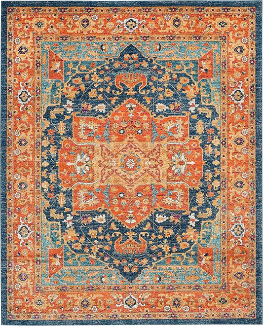 SAFAVIEH Evoke Collection Area Rug - 9' x 12', Blue & Orange, Oriental Medallion Distressed Design, Non-Shedding & Easy Care, Ideal for High Traffic Areas in Living Room, Bedroom (EVK275C)