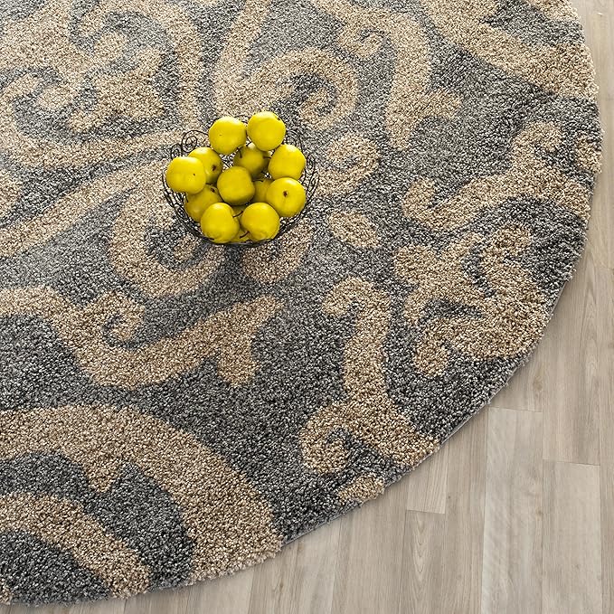SAFAVIEH Florida Shag Collection Area Rug - 6'7" Square, Grey & Beige, Damask Design, Non-Shedding & Easy Care, 1.2-inch Thick Ideal for High Traffic Areas in Living Room, Bedroom (SG462-8013)