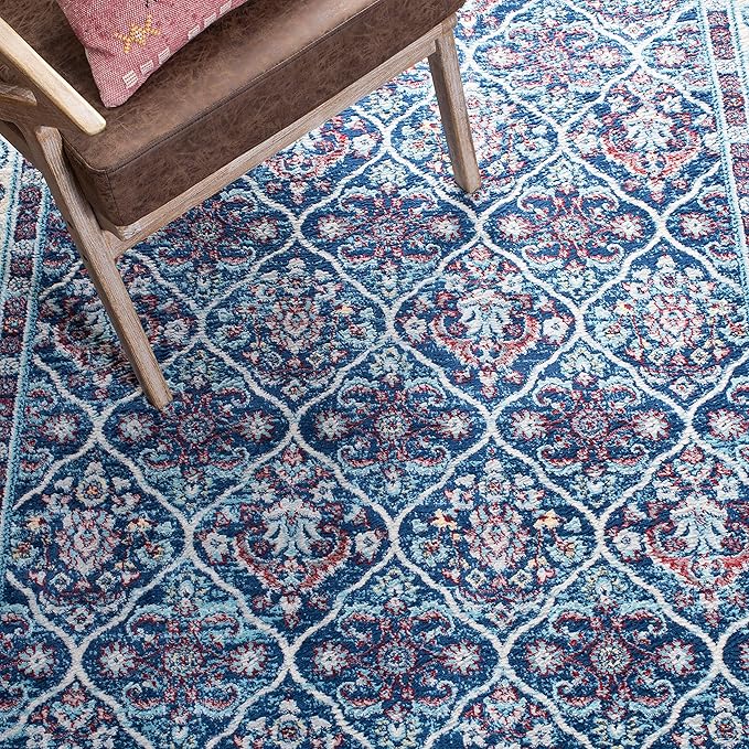 SAFAVIEH Brentwood Collection 8' x 10' Navy / Red BNT870N Oriental Damask Trellis Non-Shedding Living Room Bedroom Dining Home Office Area Rug