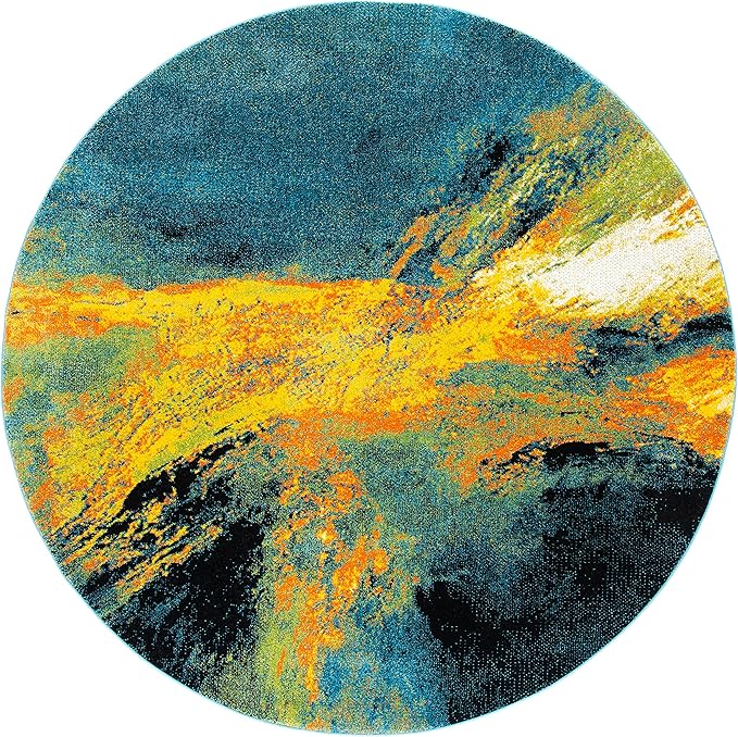 SAFAVIEH Galaxy Collection 6'7" Round Blue/Yellow GAL117L Modern Abstract Non-Shedding Living Room Dining Bedroom Foyer Area Rug