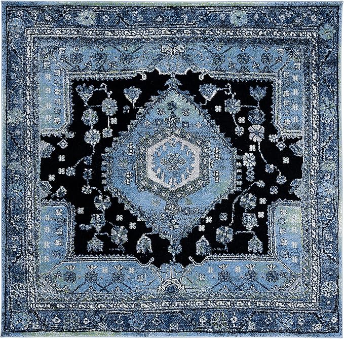 SAFAVIEH Vintage Hamadan Collection Area Rug - 6'7" Square, Light Blue & Black, Traditional Oriental Design, Non-Shedding & Easy Care, Ideal for High Traffic Areas in Living Room, Bedroom (VTH204J)