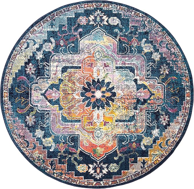 SAFAVIEH Crystal Collection Area Rug - 8' Round, Navy & Fuchsia, Medallion Distressed Design, Non-Shedding & Easy Care, Ideal for High Traffic Areas in Living Room, Bedroom (CRS501H)