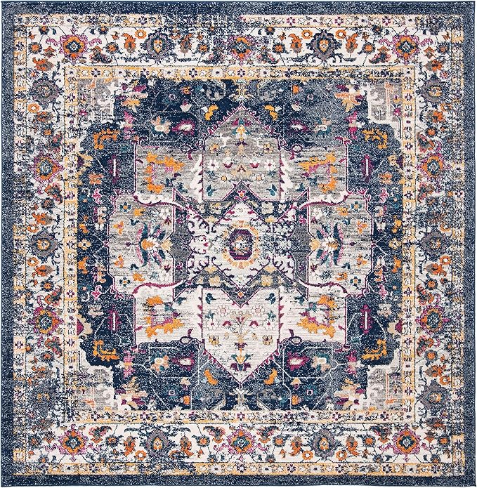 SAFAVIEH Evoke Collection Area Rug - 6'7" Square, Navy & Grey, Oriental Medallion Distressed Design, Non-Shedding & Easy Care, Ideal for High Traffic Areas in Living Room, Bedroom (EVK275N)