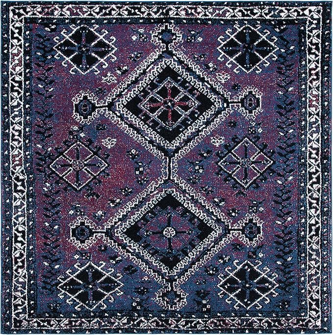 SAFAVIEH Vintage Hamadan Collection Area Rug - 6'7" Square, Purple & Black, Oriental Distressed Design, Non-Shedding & Easy Care, Ideal for High Traffic Areas in Living Room, Bedroom (VTH293V)