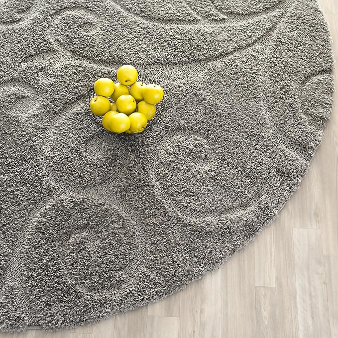 SAFAVIEH Florida Shag Collection Area Rug - 9' Round, Grey, Scroll Design, Non-Shedding & Easy to Clean, High-Low Plush Pile, Ideal for Living Room, Bedroom, Dining Space (SG455-8013)