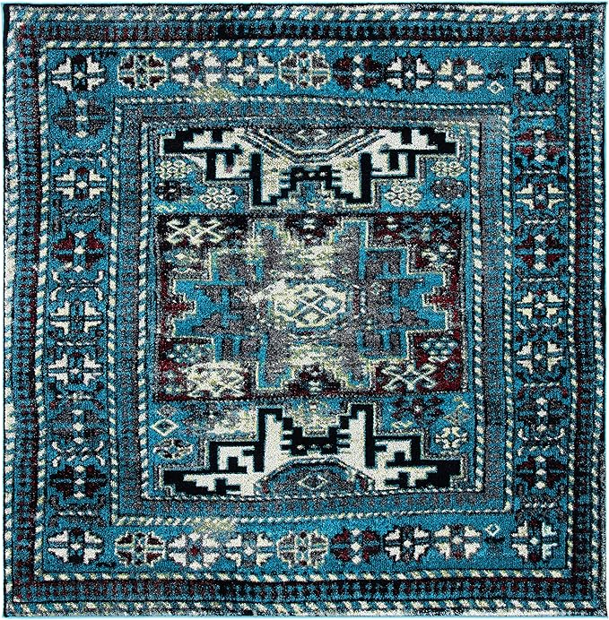 SAFAVIEH Vintage Hamadan Collection Area Rug - 6'7" Square, Light Blue & Black, Traditional Oriental Design, Non-Shedding & Easy Care, Ideal for High Traffic Areas in Living Room, Bedroom (VTH213M)