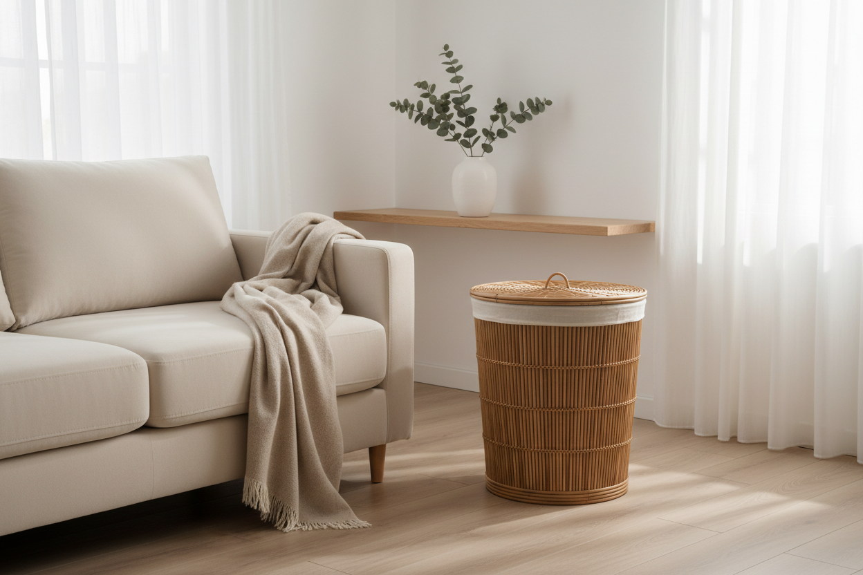 Natural handwoven rattan laundry hamper with lid in minimalist living room, Scandinavian home decor with beige sofa and warm neutral tones

